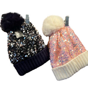 2 Minky Hats for girls, lined and sparkly. One Dark Blue, one Pink. (T4)